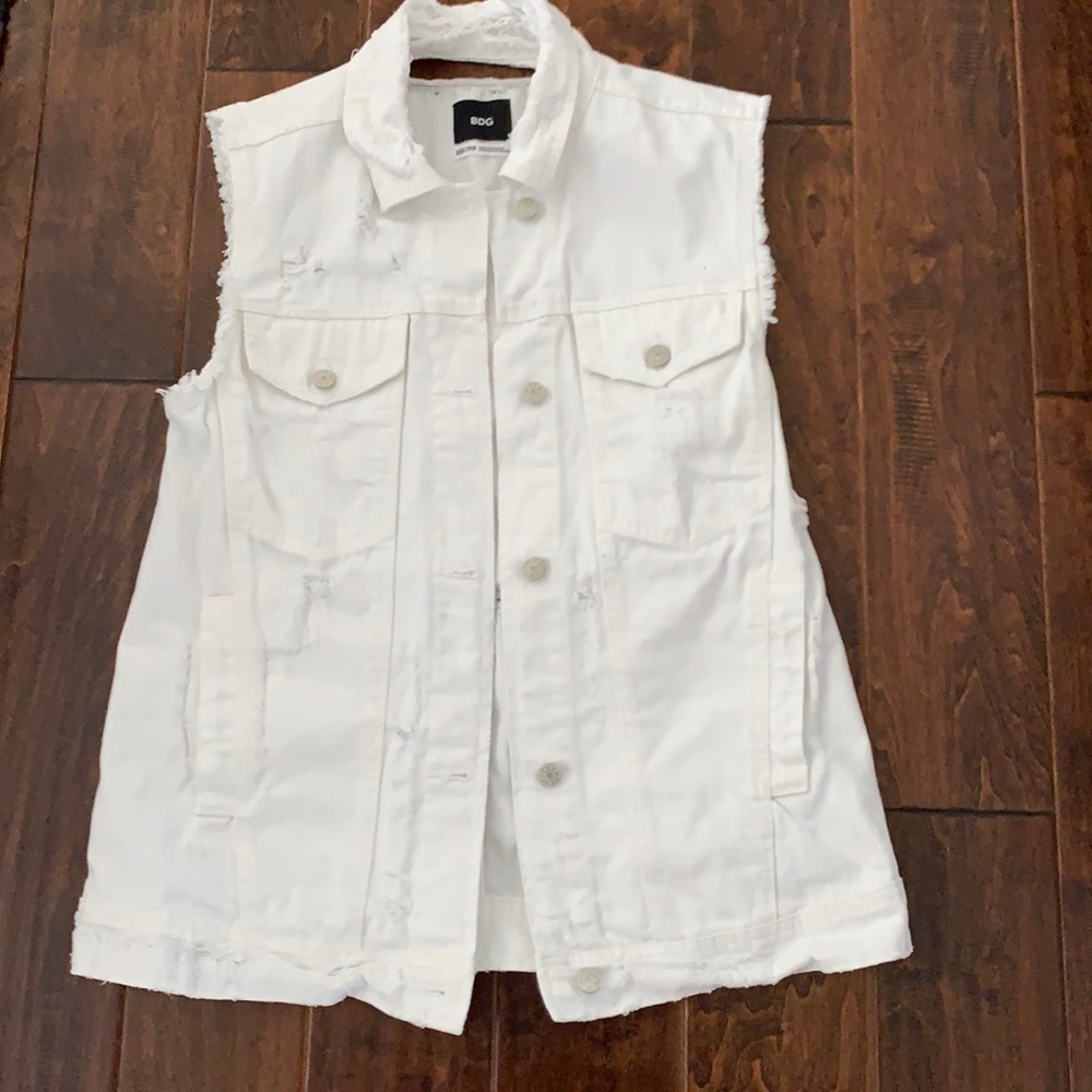BDG heavily distressed white denim long vest